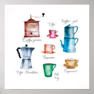 Poster Pot à café aquarelle, broyeur, tasse, mug, cafetiè