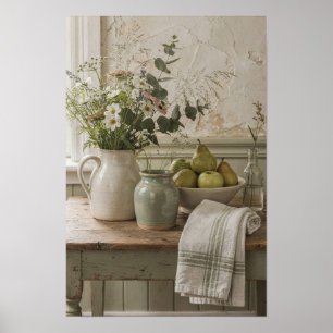 Poster Pot à crème aux fleurs sauvages avec poires et lin