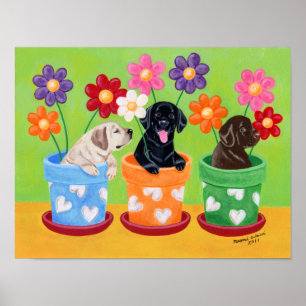 Poster Pot à fleurs Labrador Chiots Artwork