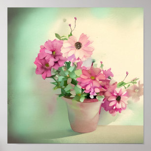 Poster Pot de fleurs d'aquarelle rose