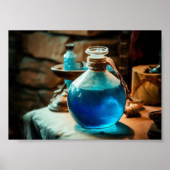 Poster Potion bleue en laboratoire d'alchimie (Devant)