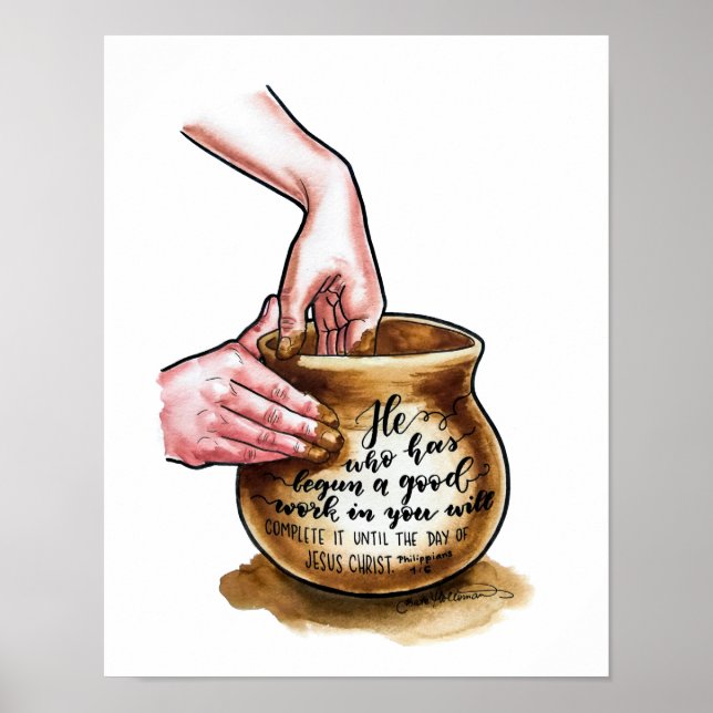 Poster Pots d'argile - Potter lance un vase - aquarelle (Devant)