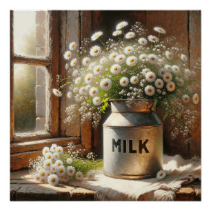 Poster Poubelle De Lait À L'Ancienne Avec Bouquet De Marg