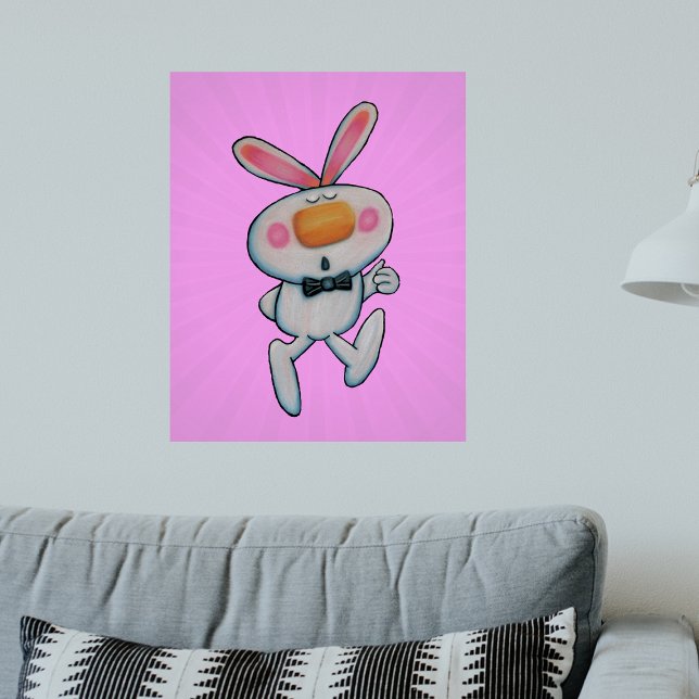Poster Pouce blanche Pouce vers le haut Orange Nez rose M (Cute cartoon white rabbit giving thumbs up sign wearing bow tie on pink artwork poster.)
