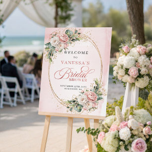 Poster Poudre Douce Rose Floral Eucalyptus Or Bienvenue
