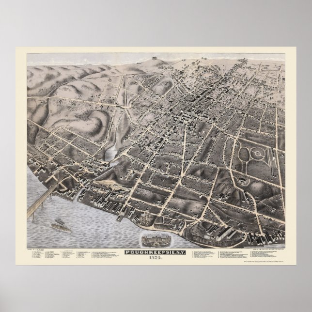 Poster Poughkeepsie, NY Carte panoramique - 1874 (Devant)