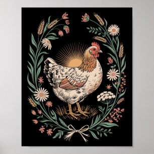 Poster Poule Rétro Dans Un Cadre Floral Amoureux De Poule