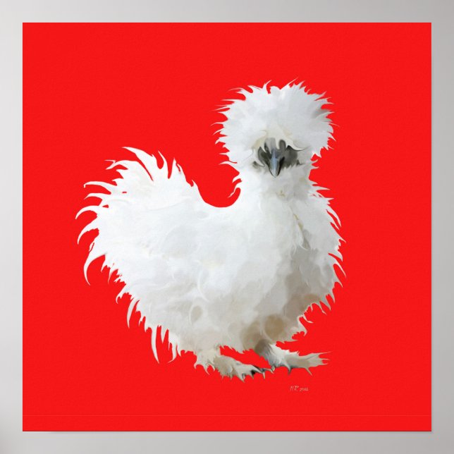 Poster Poule Soie sur Fond Rouge (Devant)