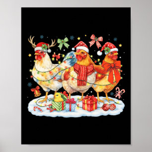 Poster Poules lumières de Noël chapeaux de Père Noël renn
