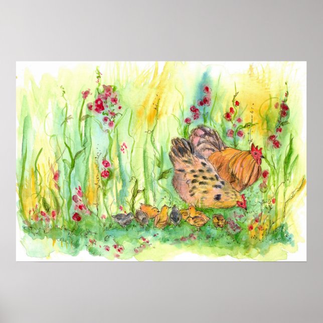 Poster Poulet Aquarelle Peinture Hen Rooster Art (Devant)