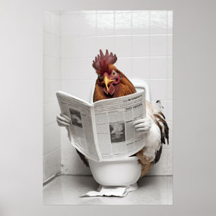 Poster Poulet assis sur les toilettes Lire un journal