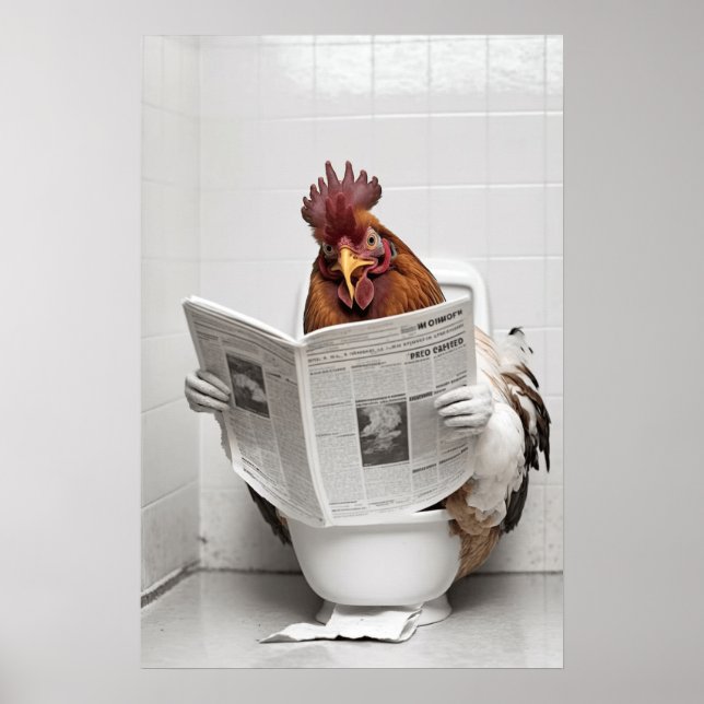 Poster Poulet assis sur les toilettes Lire un journal (Devant)