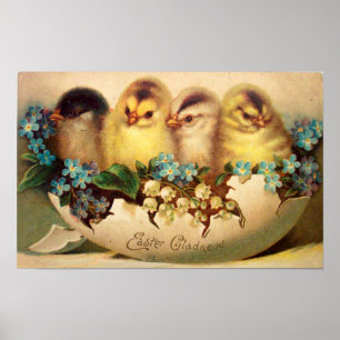 POSTER POULET AVEC FLEURS DANS OEUF DE PÂQUES