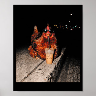 Poster Poulet Buvant du Café Glacé Amateur de Poulet Drôl