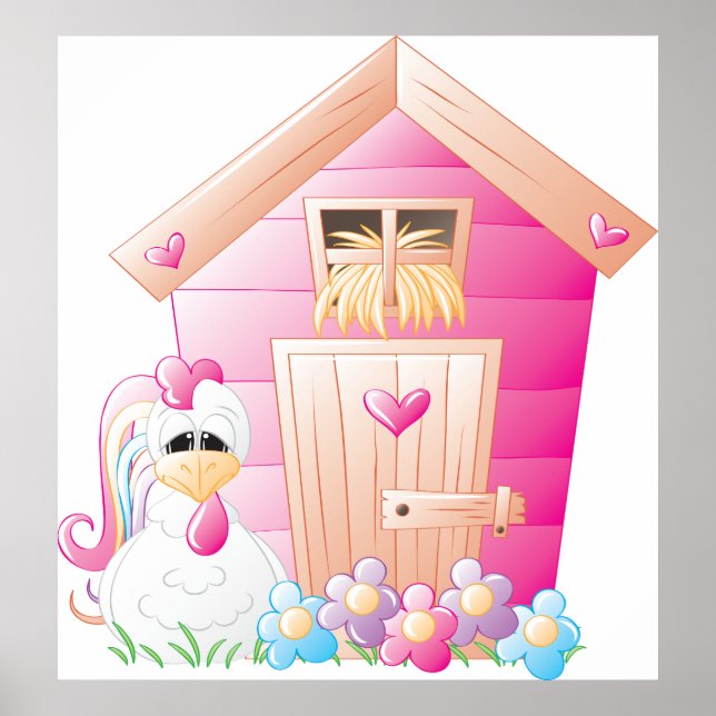 Poster Poulet Rose Coop Et Fleurs (Devant)