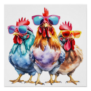 Poster Poulets d'aquarelle portant de grosses lunettes de