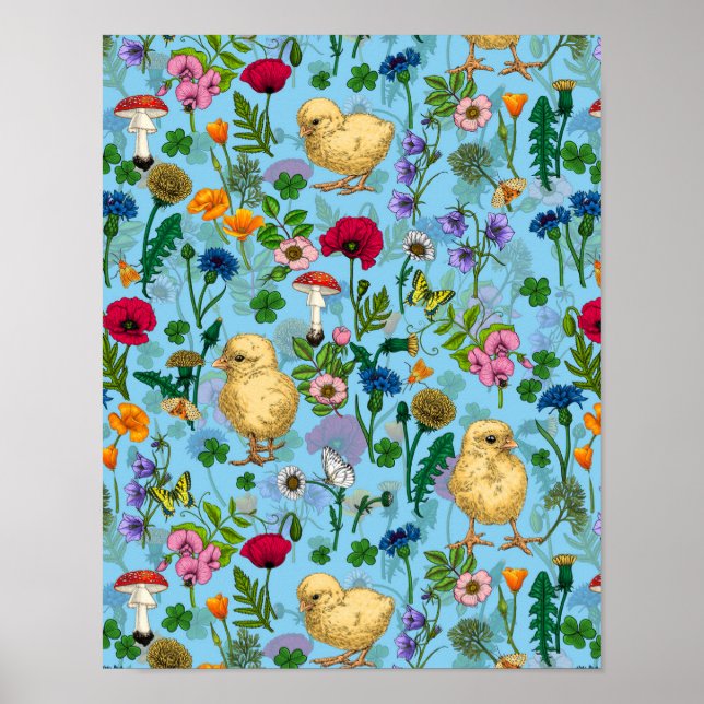 Poster Poulets et fleurs sauvages sur le bleu bébé (Devant)
