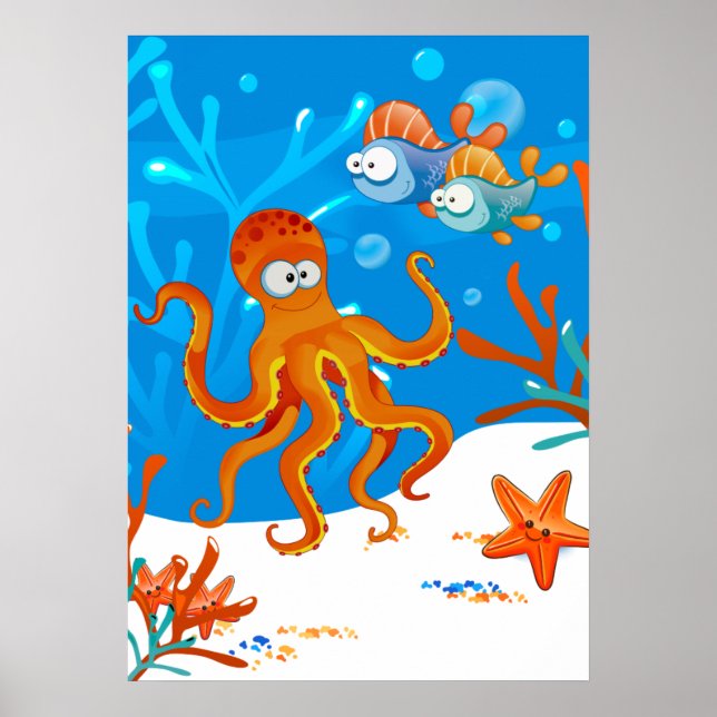Poster Poulpe mignon aquatique océanique Chambre d'enfant (Devant)