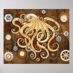 Poster Poulpe Steampunk Rétro Fantastique Mécanique