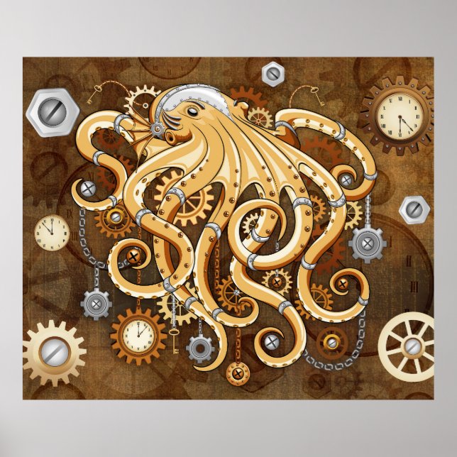 Poster Poulpe Steampunk Rétro Fantastique Mécanique (Devant)