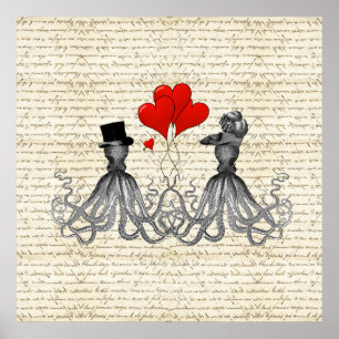 Poster poulpe vintage et coeurs