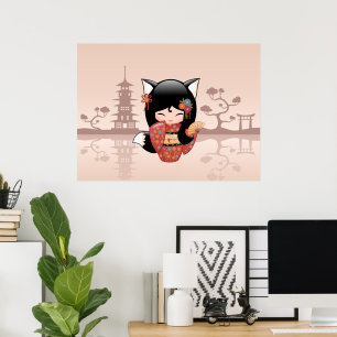 Poster Poupée de Kitsune Kokeshi - fille mignonne de Fox