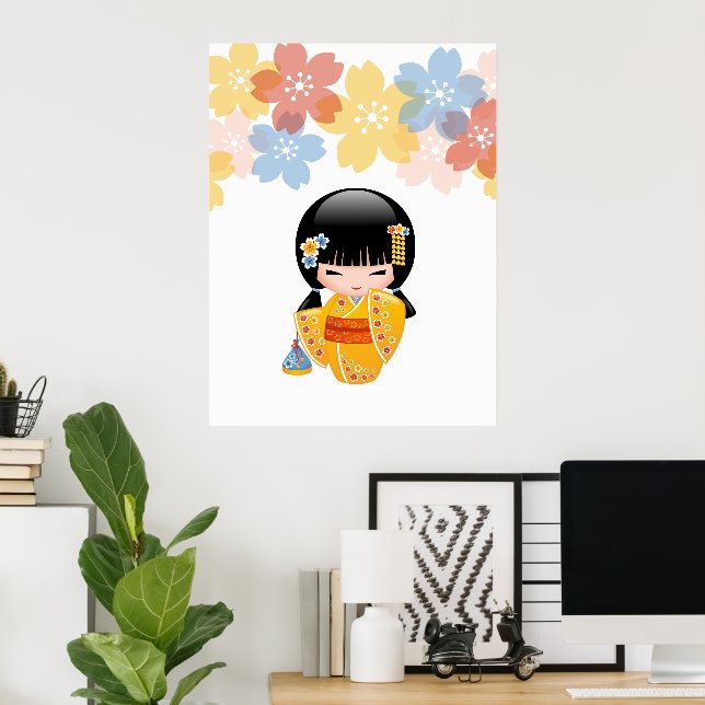 Poster Poupée d'été Kokeshi - Kimono Jaune Geisha Girl (Bureau à domicile)
