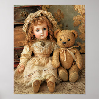 Poster Poupée en porcelaine antique et ours en peluche