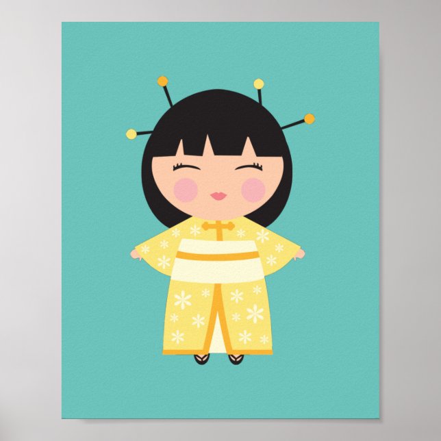 Poster Poupée japonaise de Kimono jaune (Devant)