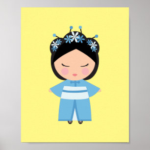 Poster Poupée japonaise en kimono bleu  