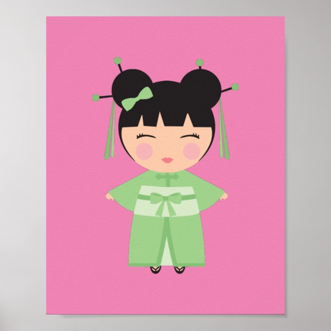 Poster Poupée japonaise en kimono vert   (Devant)