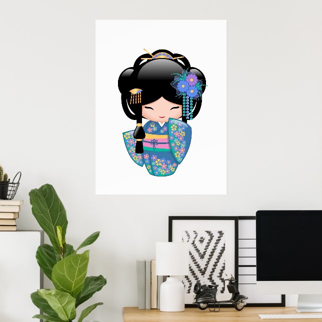Poster Poupée Keiko Kokeshi - Blue Kimono Geisha Girl (Bureau à domicile)