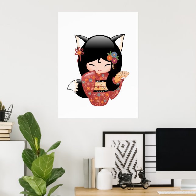 Poster Poupée Kitsune Kokeshi - Black Fox Geisha Girl (Bureau à domicile)