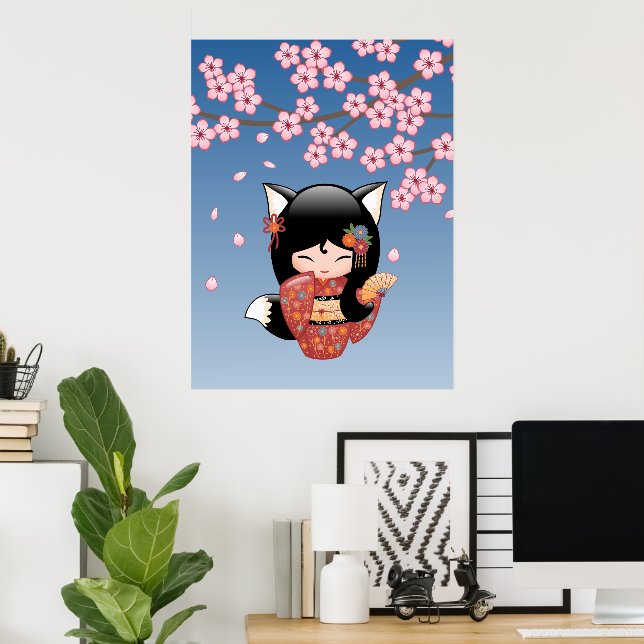 Poster Poupée Kitsune Kokeshi - Black Fox Geisha Girl (Bureau à domicile)
