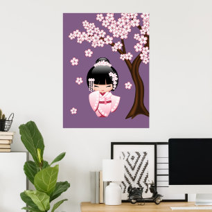 Poster Poupée Kokeshi en Kimono Blanc - Jolie Fille Geish