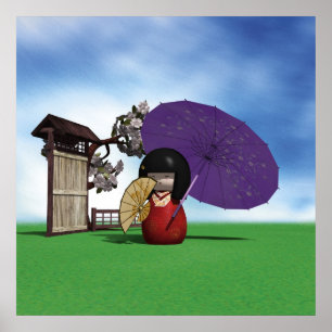 Poster Poupée Kokeshi Japonaise Art Cerisier en Fleur