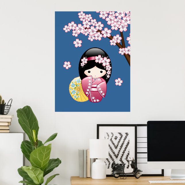 Poster Poupée Kokeshi Printemps - Cute Geisha Japonaise s (Bureau à domicile)