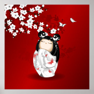 Poster Poupée Kokeshi Rouge Noir Blanc Cerisier Fleurs