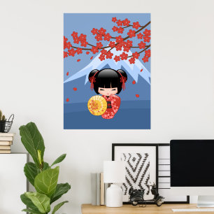 Poster Poupée Kokeshi Sakura Rouge - Jolie Fille Geisha