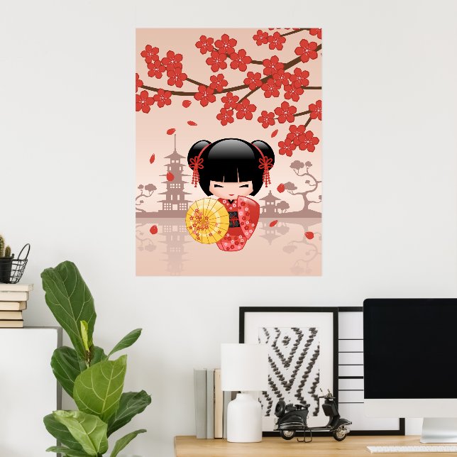 Poster Poupée rouge Sakura Kokeshi - Geisha japonais (Bureau à domicile)