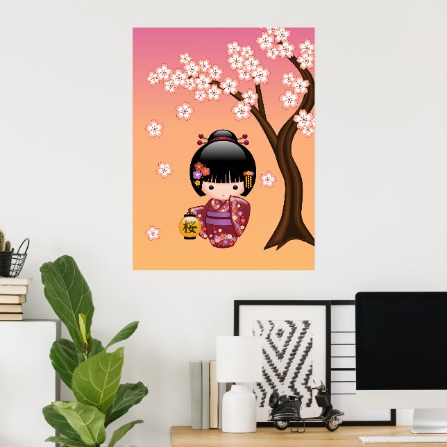 Poster Poupée Sakura Kokeshi - Geisha Girl on Peach (Bureau à domicile)