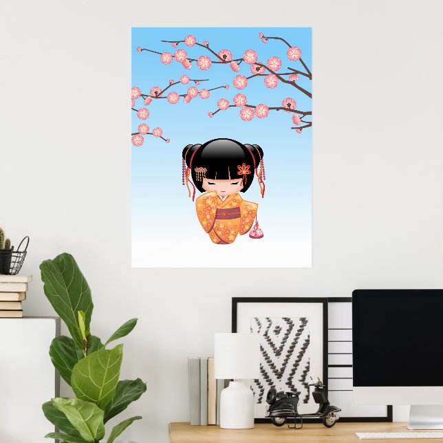 Poster Poupée Ume Kokeshi - Japonaise Geisha Girl Blue (Bureau à domicile)