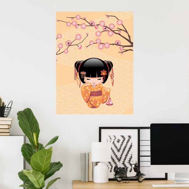 Poster Poupée Ume Kokeshi - Japonaise Pêche Geisha Girl (Bureau à domicile)