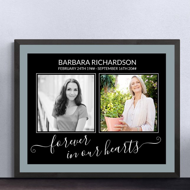 Poster Pour toujours dans nos coeurs Élégant Script Photo (Funeral memorial poster to order professionally printed or as a printable digital download)