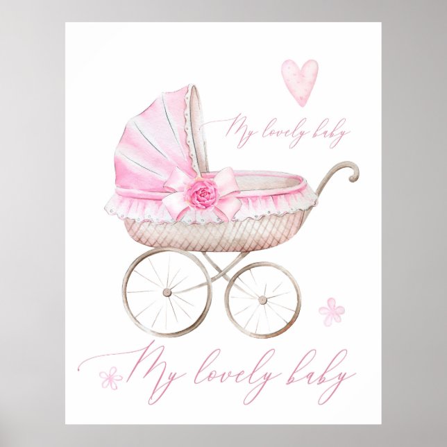Poster Poussette Bébé Fille Nursery Naissance Aquarelle R (Devant)
