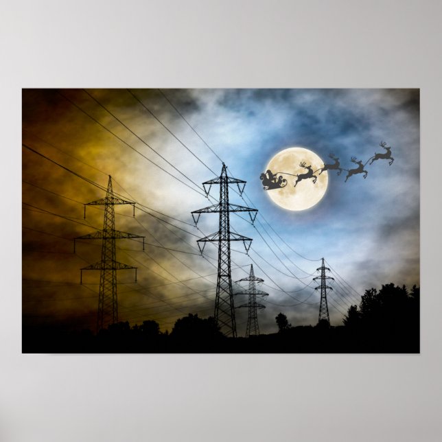Poster Power Lines, Père Noël et Pleine lune Noël (Devant)