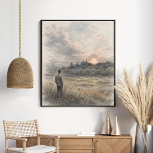 Poster Prairie de coucher de soleil   Nature boisée graph