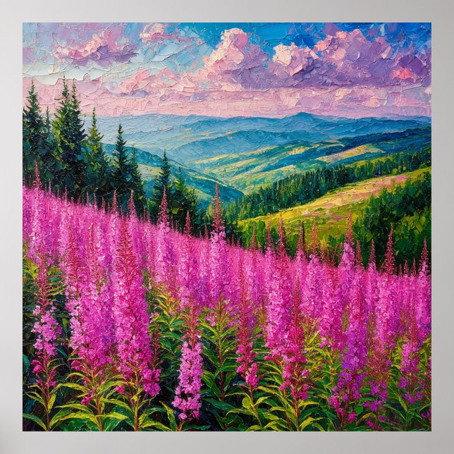 Poster Prairie de fleurs sauvages avec paysage montagneux (Devant)