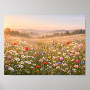 Poster Prairie de fleurs sauvages ensoleillée au lever de