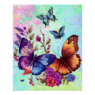 Poster Prairie de fleurs sauvages et papillons printanier